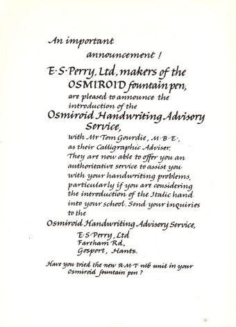 E.S. Perry Ltd, makers of the OSMIROID fountain pen are pleased to announce the introduction of the Osmiroid Handwriting Advisory Service