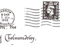 Facsimile of an envelope addressed to The most Hon. the Marquess of Cholmondeley, 12 Kensington Palace Gardens W8, with postage stamp and frank dated 1st July 1952